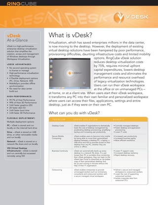vDesk                                  What is vDesk?
At-a-Glance
— — — — — — — — — — — — —
 — — — — — — — — — — — — —             Virtualization, which has saved enterprises millions in the data center,
vDesk is a high-performance            is now moving to the desktop. However, the deployment of existing
enterprise desktop virtualization
solution that simplifies the           virtual desktop solutions have been hampered by poor performance,
creation, access and management        provisioning difficulties, daunting infrastructure costs and limited mobility
of Windows desktops through
Workspace Virtualization.                                                 options. RingCube vDesk solution
                                                                          reduces desktop virtualization costs
v D E S K A D V A N TA G E S :
                                                                          by 75%, requires minimal upfront
• No second operating system
  to license or manage                                                    capital expenditures, lowers desktop
• High-performance virtualization                                         management costs and eliminates the
  technology
• 4 Flexible deployment options                                           performance and resource overhead
  (PC, Drive, Network, VDI)                                               of legacy virtualization technologies.
• MobileSync provides offline
  synchronization                                                         Users can run their vDesk workspace
• No need for data center                                                 at the office or on unmanaged PCs –
  build out
                                       at home, or at a client site. When users start their vDesk workspace,
HIGH-PERFORMANCE:                      it transforms any PC into their own familiar and personalized workspace
•   99.7% of Host Performance
•   99% of Host 3D Performance
                                       where users can access their files, applications, settings and entire
•   3-6X faster graphics (2D)          desktop, just as if they were on their own PC.
•   2X faster disk I/O
•   3-6X faster boot time
•   3.4X faster 3D Performance         What can you do with vDesk?
F L E X I B L E D E P L O Y M E N T:
                                         PROBLEM               VDESK SOLUTION                                   BENEFIT
Multiple deployment options
PC – vDesk is stored and run             Desktop Costs         vDesk enables IT organizations to dramatically   • Centrally managed desktops
locally on the internal hard drive                             lower the cost of desktop management by          • Faster desktop and application
                                                               accelerating desktop provisioning, simplifying     provisioning
Drive – vDesk is stored on USB                                 backup and increasing user productivity.         • Lower IT costs
drive, or other removable media
                                         Secure Mobile         vDesk enables users to become truly mobile       • Increased user productivity
and run locally                          Computing             by being able to move their personalized         • Increased business agility
                                                               desktop between a desktop PC, a laptop, a        • More efficient workforce
Network – vDesk is stored on a                                 USB drive and VDI to provide access to their
network file share and run locally                             desktop from any PC, whether they are
                                                               online or offline.
VDI (Virtual Desktop
Infrastructure) – vDesk is stored        Business Continuity   vDesk can automatically backs up every           • Lower IT support costs
and run centrally but accessed                                 desktop to a network file share. If a user       • Increased desktop resiliency
                                                               looses their PC or portable drive containing     • Rapid desktop recovery
remotely using VDI
                                                               their vDesk workspace, they can login to the
                                                               vDesk User Portal to download an up-todate
                                                               copy of their personalized desktop and
                                                               be up and running in minutes without the
                                                               help of their IT organization.

                                         Outsourcing           vDesk enables enterprises to provide             • Deliver a secure and managed
                                                               unmanaged workers such as contractors,             workspace to outsourced workers
                                                               consultants and outsourced workers with          • Lower the cost of supporting
                                                               a secure managed virtual workspace.                outsourced workers
                                                                                                                • Isolate corporate data from
                                                                                                                  outsourcer PCs
 