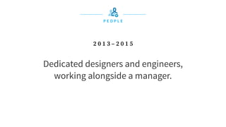 P E O P L E
Dedicated designers and engineers, 
working alongside a manager.
2 0 1 3 – 2 0 1 5
 