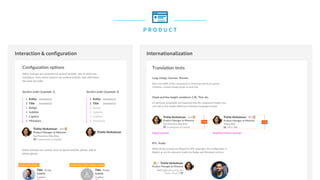 P R O D U C T
Interaction & configuration Internationalization
 