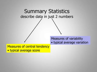 Summary Statistics
describe data in just 2 numbers
Measures of central tendency
• typical average score
Measures of variability
• typical average variation
 