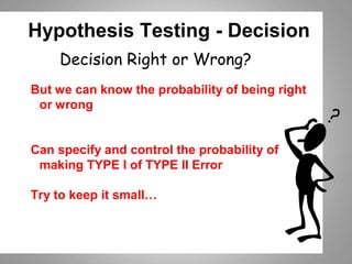 Hypothesis Testing - Decision
Decision Right or Wrong?
But we can know the probability of being right
or wrong
Can specify and control the probability of
making TYPE I of TYPE II Error
Try to keep it small…
 