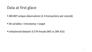 Data at first glace
 284 807 unique observations (1-3 transactions per second)
 30 variables + timestamp + target
 Unba...