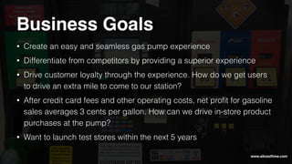 • Create an easy and seamless gas pump experience
• Differentiate from competitors by providing a superior experience
• Drive customer loyalty through the experience. How do we get users
to drive an extra mile to come to our station?
• After credit card fees and other operating costs, net proﬁt for gasoline
sales averages 3 cents per gallon. How can we drive in-store product
purchases at the pump?
• Want to launch test stores within the next 5 years
Business Goals
www.sliceoﬂime.com
 