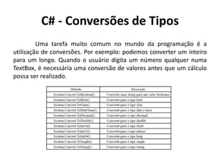 C# - Conversões de Tipos
Uma tarefa muito comum no mundo da programação é a
utilização de conversões. Por exemplo: podemos converter um inteiro
para um longo. Quando o usuário digita um número qualquer numa
TextBox, é necessária uma conversão de valores antes que um cálculo
possa ser realizado.
 
