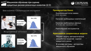 Преимущества Банка
Значительный поток заявок
50-60 тыс. в день
Наличие необходимых компетенций
Наличие необходимых данных
10-15 млн. карт. транзакций в день
Разнообразие инструментов
Адаптивные скоринговые модели
Решает задачу автоматической
разработки моделей оценки
кредитного риска
В основе системы - алгоритмы
машинного обучения
Машинное обучение при оценке
кредитных рисков розничных клиентов (2/2)
Gini = 67%
Gini = 66%
Разработка
модели
t = 3-4 недели
Разработка
модели
t = 3-4 часа
 