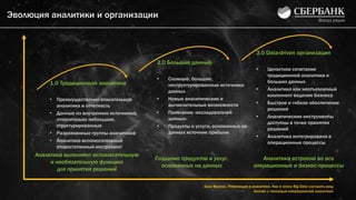 Эволюция аналитики и организации
4
1.0 Традиционная аналитика
• Преимущественно описательная
аналитика и отчетность
• Данные из внутренних источников,
относительно небольшие,
структурированные
• Разрозненные группы аналитиков
• Аналитика вспомогательный
второстепенный инструмент
2.0 Большие данные
• Сложные, большие,
неструктурированные источники
данных
• Новые аналитические и
вычислительные возможности
• Появление «исследователей
данных»
• Продукты и услуги, основанных на
данных источник прибыли
3.0 Data-driven организация
• Целостное сочетание
традиционной аналитики и
больших данных
• Аналитика как неотъемлемый
компонент ведения бизнеса
• Быстрое и гибкое обеспечение
решения
• Аналитические инструменты
доступны в точке принятия
решений
• Аналитика интегрирована в
операционные процессы
Аналитика выполняет вспомогательную
и необязательную функцию
для принятия решений
Создание продуктов и услуг,
основанных на данных
Аналитика встроена во все
операционные и бизнес-процессы
Билл Фрэнкс, Революция в аналитике. Как в эпоху Big Data улучшить ваш
бизнес с помощью операционной аналитики
 