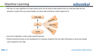 Slide 18 www.edureka.in/data-science
Machine Learning
We have so many algorithms for data mining which can be used to bui...