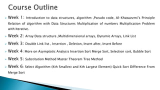  Week 1: Introduction to data structures, algorithm ,Pseudo code, Al-Khawarzmi’s Principle
Relation of algorithm with Dat...
