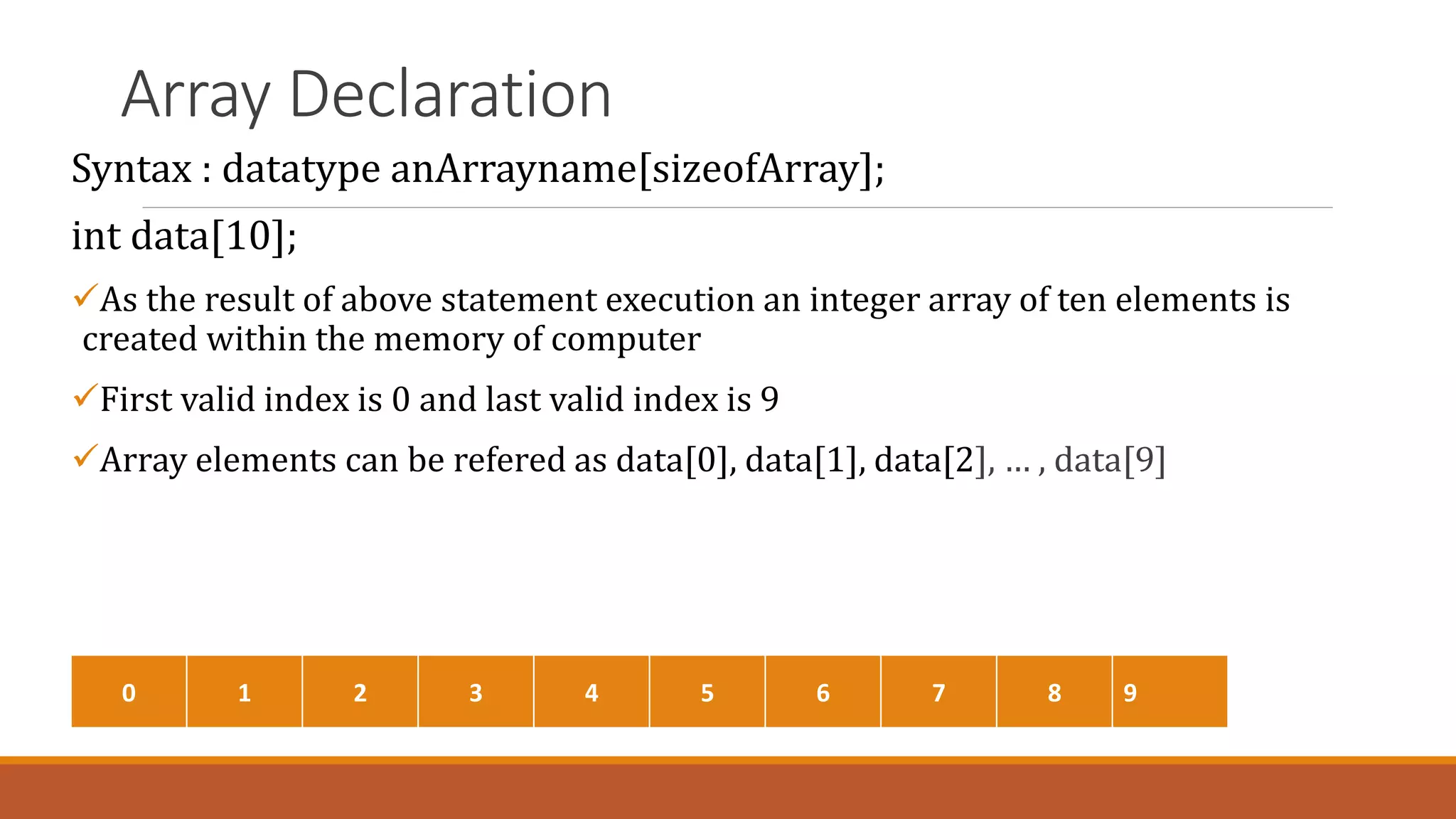 Array Declaration
Syntax : datatype anArrayname[sizeofArray];
int data[10];
As the result of above statement execution an integer array of ten elements is
created within the memory of computer
First valid index is 0 and last valid index is 9
Array elements can be refered as data[0], data[1], data[2], … , data[9]
0 1 2 3 4 5 6 7 8 9
 