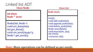 Linked list ADT
Note: More operations can be defined as per needs.
 