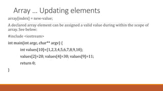 Array … Updating elements
array[index] = new-value;
A declared array element can be assigned a valid value during within t...