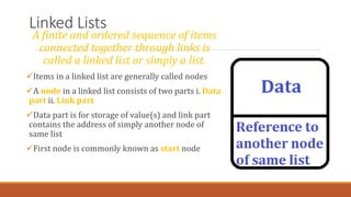 Linked Lists
A finite and ordered sequence of items
connected together through links is
called a linked list or simply a l...
