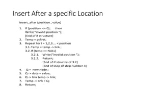 Insert After a specific Location
Insert_after (position , value)
1. If (position <= 0); then
Write(“invalid position ”);
[...