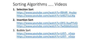 Sorting Algorithms ….. Videos
1. Selection Sort
https://www.youtube.com/watch?v=f8hXR_Hvybo
https://www.youtube.com/watch?...