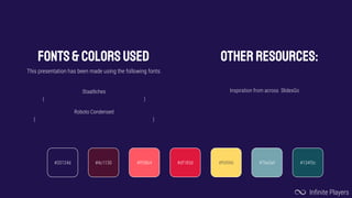 Fonts& colors used
This presentation has been made using the following fonts:
Staatliches
(https://fonts.google.com/specimen/Staatliches)
Roboto Condensed
(https://fonts.google.com/specimen/Roboto+Condensed)
#4c1130 #ff5864 #df183d#20124d #76a5af #134f5c#ffd966
OTHER RESOURCEs:
Inspiration from across SlidesGo
Infinite Players
 