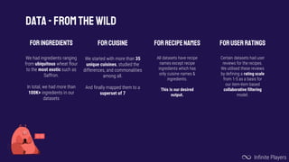 DATA-FROM THEWILD
FORINGREDIENTS
We had ingredients ranging
from ubiquitous wheat flour
to the most exotic such as
Saffron.
In total, we had more than
100K+ ingredients in our
datasets
FORCUISINE
We started with more than 35
unique cuisines, studied the
differences, and commonalities
among all.
And finally mapped them to a
superset of 7
FORUSERRATINGS
Certain datasets had user
reviews for the recipes.
We utilised these reviews
by defining a rating scale
from 1-5 as a basis for
our item-item based
collaborative filtering
model.
Infinite Players
FORREcipeNAMES
All datasets have recipe
names except recipe
ingredients which has
only cuisine names &
ingredients.
This is our desired
output.
 