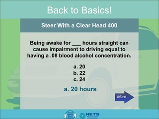 Back to Basics!
     Steer With a Clear Head 400


 Being awake for ___ hours straight can
  cause impairment to driving equal to
having a .08 blood alcohol concentration.

                  a. 20
                  b. 22
                  c. 24
              a. 20 hours
                                   More
 