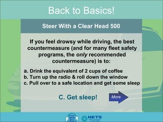 Back to Basics!
        Steer With a Clear Head 500

  If you feel drowsy while driving, the best
 countermeasure (and for many fleet safety
      programs, the only recommended
           countermeasure) is to:
a. Drink the equivalent of 2 cups of coffee
b. Turn up the radio & roll down the window
c. Pull over to a safe location and get some sleep

               C. Get sleep!          More
 