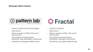 - Initiiert von Brad Frost (Atomic Design)
- Open Source
- Patterns werden in HTML, CSS und JS
dokumentiert
- verschiedene Template Engines
(Mustache, Twig, Handlebars, Underscore)
- Erweiterbar nach eigenen Bedürfnissen
Werkzeuge: Pattern Libraries
39
- Initiiert von Clearleft
- Open Source
- Patterns werden in HTML, CSS und JS
dokumentiert
- Verschiedene Template Engines
(Handlebars, Mustache, Nunchucks)
- Erweiterbar nach eigenen Bedürfnissen
 