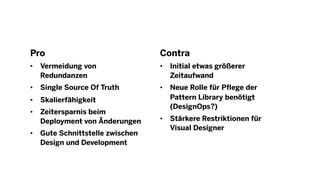 Pro
• Vermeidung von
Redundanzen
• Single Source Of Truth
• Skalierfähigkeit
• Zeitersparnis beim
Deployment von Änderungen
• Gute Schnittstelle zwischen
Design und Development
Contra
• Initial etwas größerer
Zeitaufwand
• Neue Rolle für Pflege der
Pattern Library benötigt
(DesignOps?)
• Stärkere Restriktionen für
Visual Designer
 