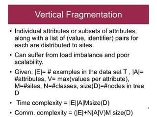 Vertical Fragmentation
●   Individual attributes or subsets of attributes,
    along with a list of (value, identifier) pairs for
    each are distributed to sites.
●   Can suffer from load imbalance and poor
    scalability.
●   Given: |E|= # examples in the data set T , |A|=
    #attributes, V= max(values per attribute),
    M=#sites, N=#classes, size(D)=#nodes in tree
    D
●   Time complexity = |E||A|Msize(D)
                                                         8
●   Comm. complexity = (|E|+N|A|V)M size(D)
 