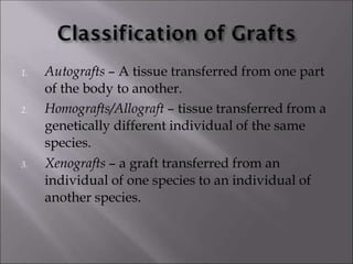 1. Autografts – A tissue transferred from one part
of the body to another.
2. Homografts/Allograft – tissue transferred from a
genetically different individual of the same
species.
3. Xenografts – a graft transferred from an
individual of one species to an individual of
another species.
 