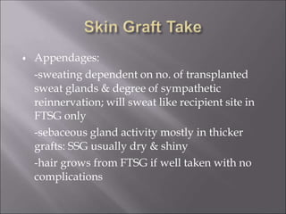  Appendages:
-sweating dependent on no. of transplanted
sweat glands & degree of sympathetic
reinnervation; will sweat like recipient site in
FTSG only
-sebaceous gland activity mostly in thicker
grafts: SSG usually dry & shiny
-hair grows from FTSG if well taken with no
complications
 