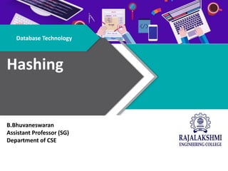 B.Bhuvaneswaran
Assistant Professor (SG)
Department of CSE
Database Technology
Hashing
 