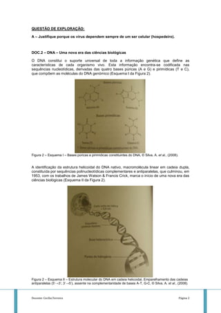 QUESTÃO DE EXPLORAÇÃO:

A – Justifique porque os vírus dependem sempre de um ser celular (hospedeiro).



DOC.2 – DNA – Uma nova era das ciências biológicas

O DNA constitui o suporte universal de toda a informação genética que define as
características de cada organismo vivo. Esta informação encontra-se codificada nas
sequências nucleotídicas, derivadas das quatro bases púricas (A e G) e pirimídicas (T e C),
que compõem as moléculas do DNA genómico (Esquema I da Figura 2).




Figura 2 – Esquema I – Bases púricas e pirimídicas constituintes do DNA, © Silva, A. et al., (2008).


A identificação da estrutura helicoidal do DNA nativo, macromolécula linear em cadeia dupla,
constituída por sequências polinucleotídicas complementares e antiparalelas, que culminou, em
1953, com os trabalhos de James Watson & Francis Crick, marca o início de uma nova era das
ciências biológicas (Esquema II da Figura 2).




Figura 2 – Esquema II – Estrutura molecular do DNA em cadeia helicoidal. Emparelhamento das cadeias
antiparalelas (5’→3’; 3’→5’), assente na complementaridade de bases A-T, G-C, © Silva, A. et al., (2008).



Docente: Cecília Ferreira                                                                              Página 2
 