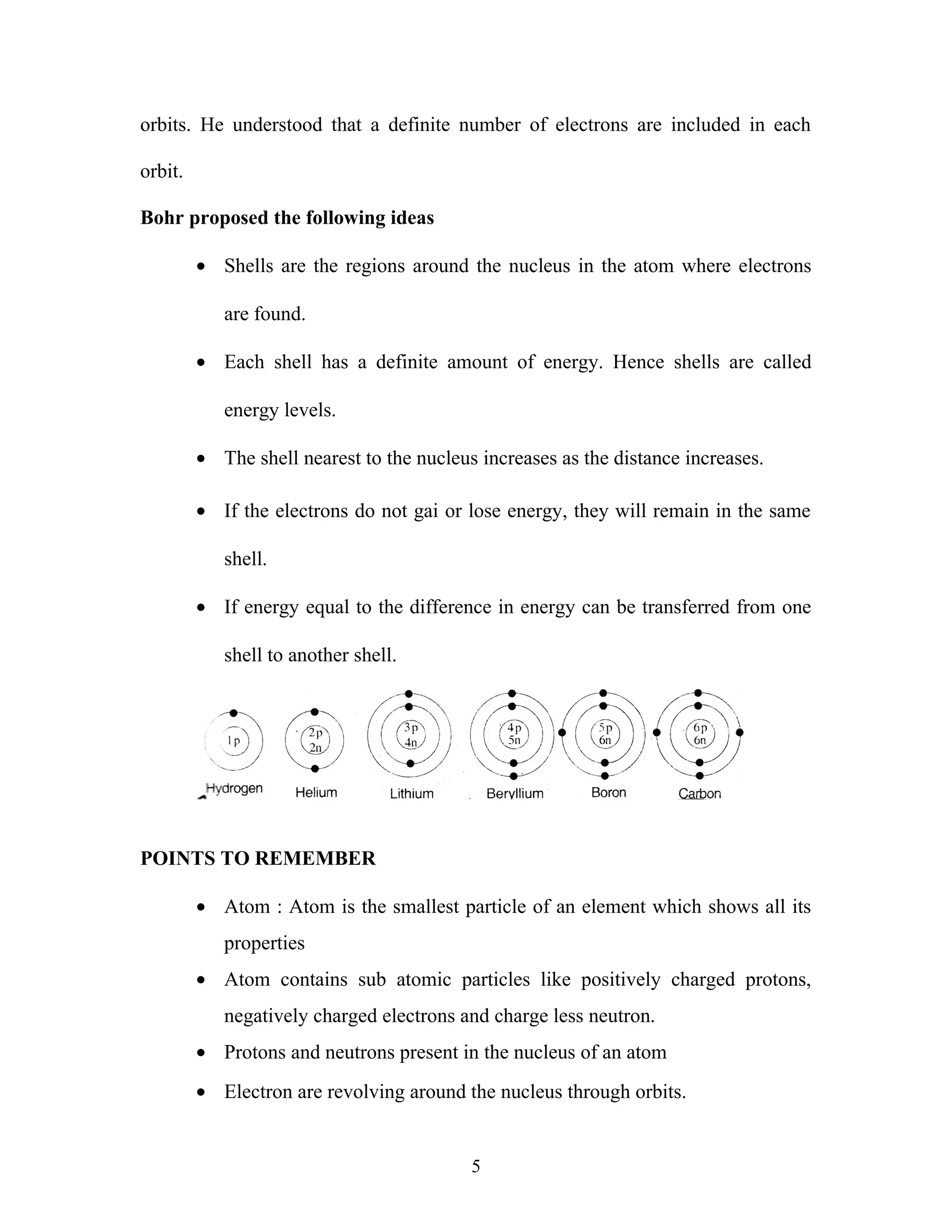 orbits. He understood that a definite number of electrons are included in each 
orbit. 
Bohr proposed the following ideas 
· Shells are the regions around the nucleus in the atom where electrons 
are found. 
· Each shell has a definite amount of energy. Hence shells are called 
energy levels. 
· The shell nearest to the nucleus increases as the distance increases. 
· If the electrons do not gai or lose energy, they will remain in the same 
shell. 
· If energy equal to the difference in energy can be transferred from one 
shell to another shell. 
POINTS TO REMEMBER 
· Atom : Atom is the smallest particle of an element which shows all its 
properties 
· Atom contains sub atomic particles like positively charged protons, 
negatively charged electrons and charge less neutron. 
· Protons and neutrons present in the nucleus of an atom 
· Electron are revolving around the nucleus through orbits. 
5 
 