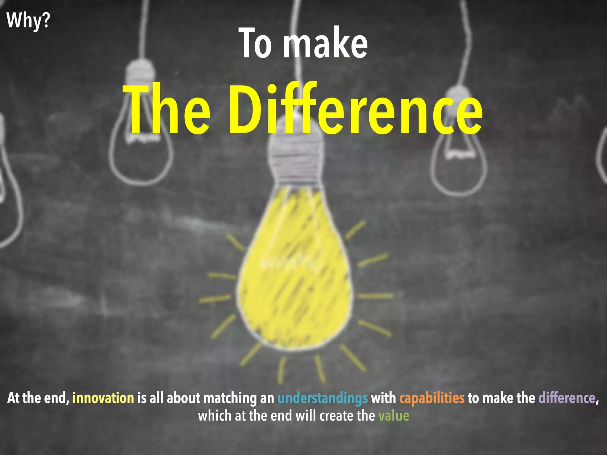 Why?
To make
The Difference
At the end, innovation is all about matching an understandings with capabilities to create value.
 