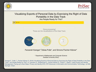 Visualizing Exports of Personal Data by Exercising the Right of Data
Portability in the Data Track
Are People Ready for This?
Farzaneh Karegar*,Tobias Pulls*, and Simone Fischer-Hübner*
* Department of Mathematic and Computer Science
Karlstad University (KaU)
Karegar F., Pulls T., Fischer-Hübner S. (2016) Visualizing Exports of Personal Data by Exercising the Right of Data Portability in the Data
Track - Are People Ready for This?. In: Lehmann A., Whitehouse D., Fischer-Hübner S., Fritsch L., Raab C. (eds) Privacy and Identity
Management. Facing up to Next Steps. Privacy and Identity 2016. IFIP Advances in Information and Communication Technology, vol 498.
Springer, Cham.
 