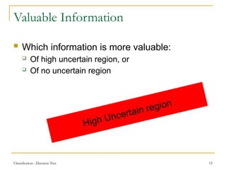 Classification - Decision Tree 12
Valuable Information
 Which information is more valuable:
 Of high uncertain region, or
 Of no uncertain region
High Uncertain region
 