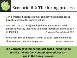 Scenario #2: The hiring process 1 in 4 employed adults says their company has policies about how they present themselves online. Just over 1 in 10 (~12%) employed internet users are public personae who say they need to market themselves online as part of their job.   Pew Internet Research Report, 2010 More than 80% of employers admit to using social networking sites to screen potential employees .    Microsoft survey, 2010   The German government has proposed legislation to  restrict the Internet content an employer can  use in the hiring process. 