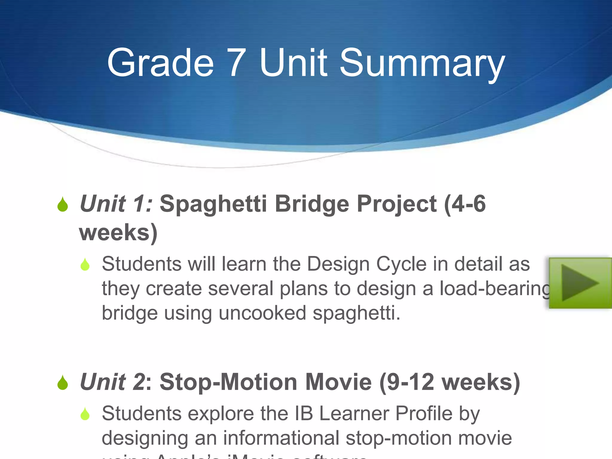 Grade 7 Unit Summary


S Unit 1: Spaghetti Bridge Project (4-6
  weeks)
  S Students will learn the Design Cycle in detail as
    they create several plans to design a load-bearing
    bridge using uncooked spaghetti.


S Unit 2: Stop-Motion Movie (9-12 weeks)
  S Students explore the IB Learner Profile by
    designing an informational stop-motion movie
 