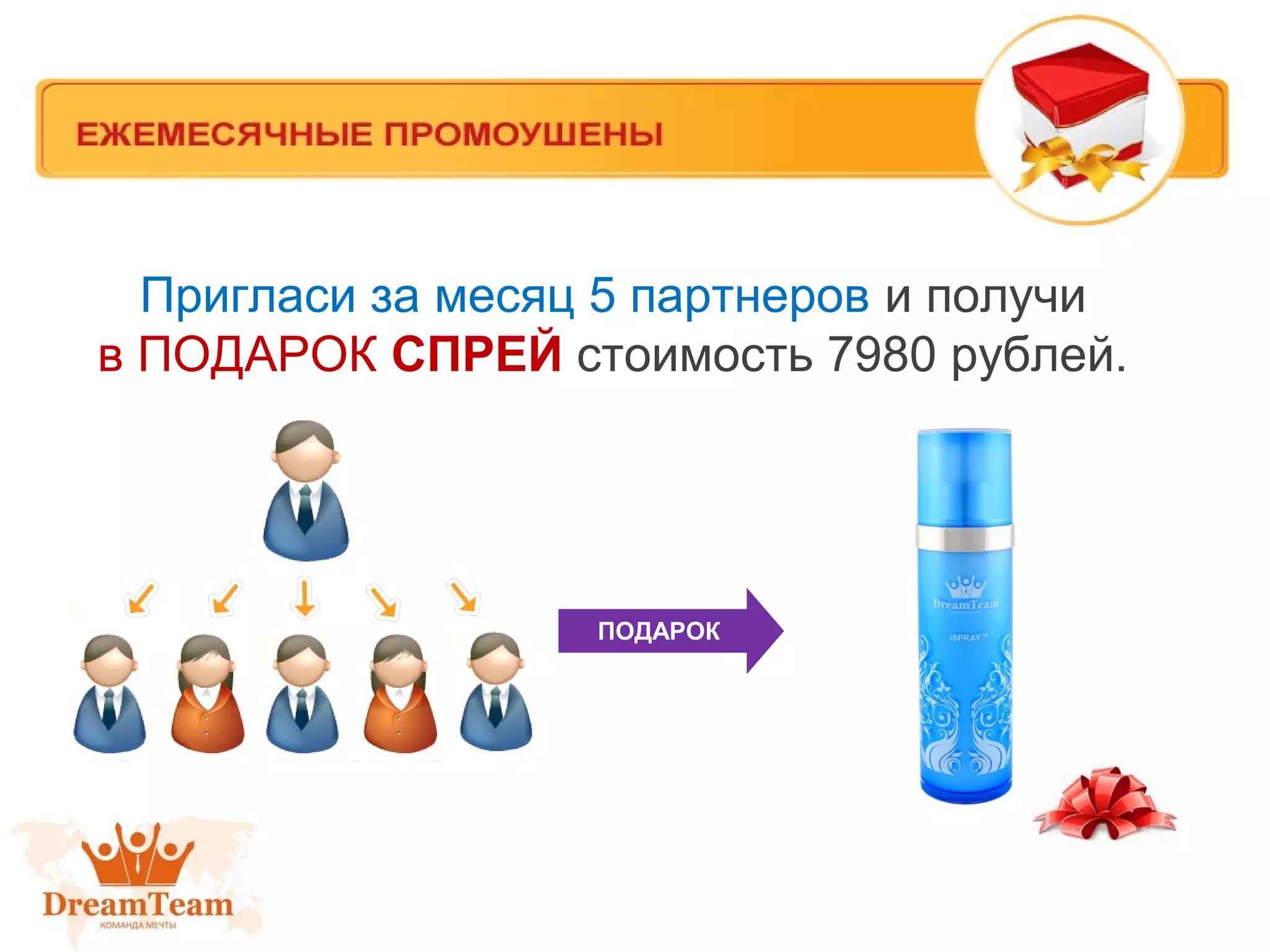 Пригласи за месяц 5 партнеров и получи
в ПОДАРОК СПРЕЙ стоимость 7980 рублей.
ПОДАРОК
 