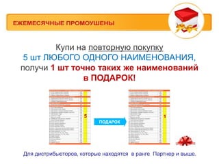 Купи на повторную покупку
 5 шт ЛЮБОГО ОДНОГО НАИМЕНОВАНИЯ,
получи 1 шт точно таких же наименований
               в ПОДАРОК!



                     5                           1
                          ПОДАРОК




Для дистрибьюторов, которые находятся в ранге Партнер и выше.
 