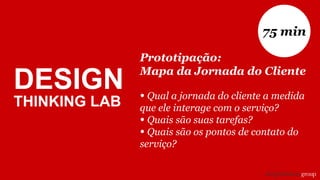 DESIGN
THINKING LAB
Prototipação:
Mapa da Jornada do Cliente
• Qual a jornada do cliente a medida
que ele interage com o serviço?
• Quais são suas tarefas?
• Quais são os pontos de contato do
serviço?
75 min
 