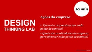 DESIGN
THINKING LAB
Ações da empresa
• Quem é o responsável por cada
ponto de contato?
• Quais são as atividades da empresa
para oferecer cada ponto de contato?
10 min
 