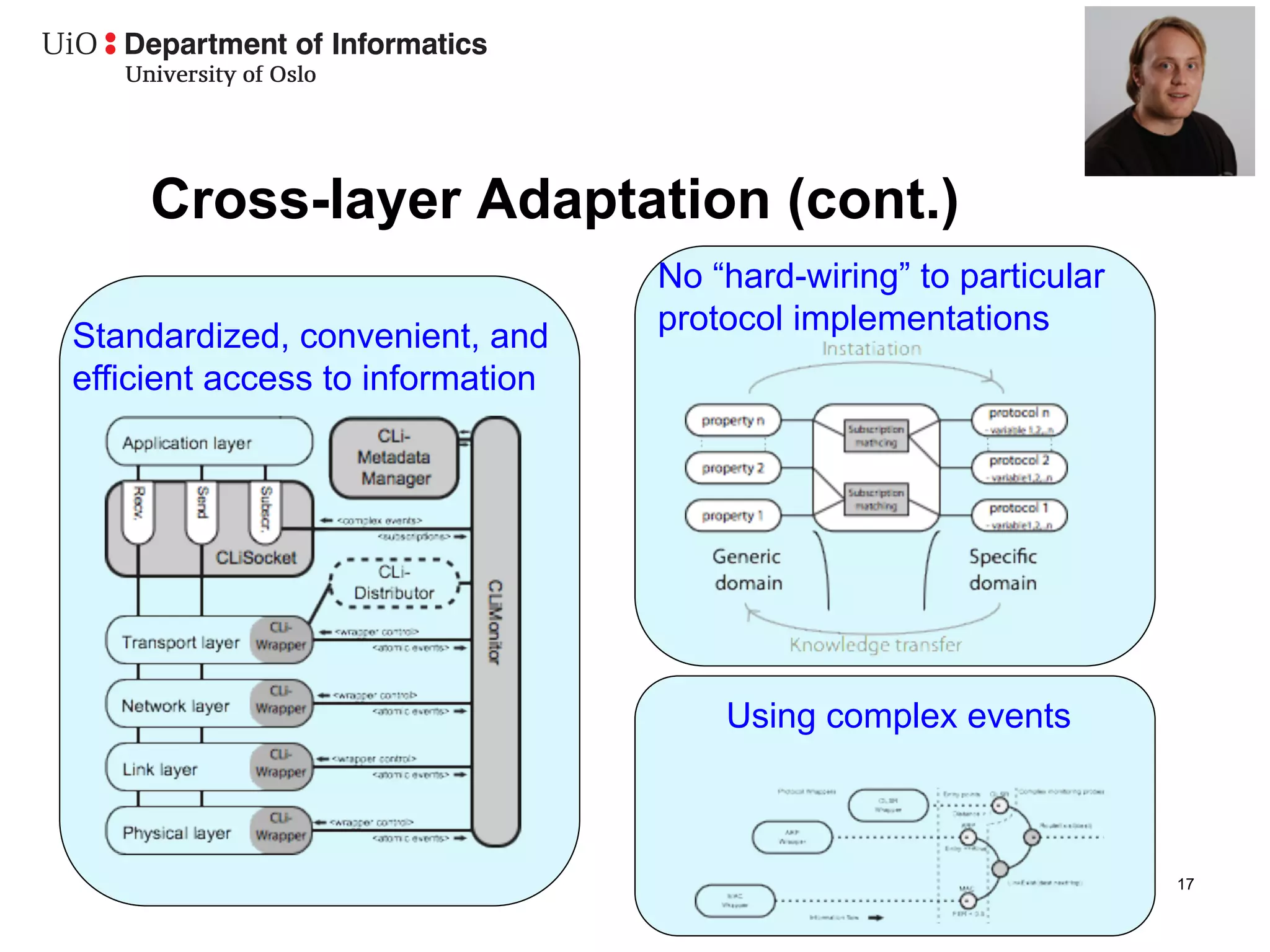 Cross-layer Adaptation (cont.)
                                  No “hard-wiring” to particular
                                  protocol implementations
Standardized, convenient, and
efficient access to information




                                      Using complex events



                                                                   17
 