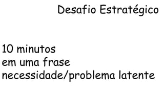 Desafio Estratégico 
10 minutos 
em uma frase 
necessidade/problema latente 
 