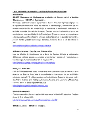 Listas localizadas de acuerdo a lo territorial (provincias y/o regiones)
Buenos Aires
BIBGRA (Asociación de bibliotecarios graduados de Buenos Aires) o también
Bibgrazonasur — BIBGRA de Buenos Aires
Destinado a los bibliotecarios de la provincia de Buenos Aires. Los objetivos del grupo son
la capacitación continua en todas las áreas de la bibliotecología, conformación de una
biblioteca especializada en bibliotecología y ciencias de la información, defensa de la
profesión y creación de una bolsa de trabajo. Estamos estudiando el estatuto y pronto nos
constituiremos en una entidad civil sin fines de lucro. Si quieren mandar un mensaje y no
estan suscriptos, por favor háganlo a: bibgra_ba@yahoo.com.ar ya que sólo los miembros
pueden mandar y recibir los mensajes de la lista. Funciona desde el 29 de octubre de
2003
http://ar.groups.yahoo.com/group/bibgrazonasur/


Biblioescobarenses — Zona Escobar Bibliotecarios
Lista de difusión de bibliotecarios de la Zona de Escobar. Dirigido a bibliotecarios
(bibliotecas públicas, populares, privadas, universitarias y escolares) y estudiantes de
bibliotecología. Funciona desde el 21 de mayo de 2004.
http://ar.groups.yahoo.com/group/biblioescobarenses/


biblio_r10 — Biblio R10
Lista de correo electrónico de las bibliotecarias y los bibliotecarios de la Región 10 de la
provincia de Buenos Aires para la comunicación e intercambio de las actividades
cotidianas. La región 10 está compuestas por los distritos de: Suipacha, Mercedes, Luján,
San Andrés de Giles, Gral. Rodríguez, Cañuelas, Navarro, Gral. Las Heras y Marcos Paz.
Funciona desde el 30 de septiembre de 2005.
http://ar.groups.yahoo.com/group/biblio_r10/


bibliotecariasregion23
Este grupo estará conformado por las bibliotecarias de la Región 23 educativa. Funciona
desde el 17 de julio de 2006.
http://ar.groups.yahoo.com/group/bibliotecariasregion23/


Bibliotecas_creafu — Bibliotecas en acción

                                                                                         30
 