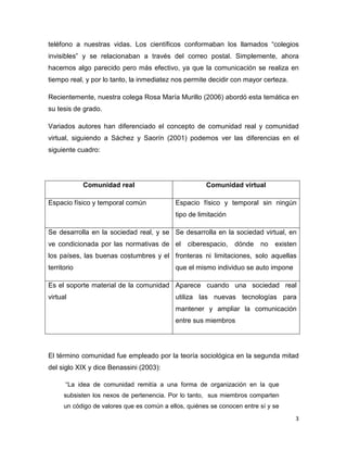 teléfono a nuestras vidas. Los científicos conformaban los llamados “colegios
invisibles” y se relacionaban a través del correo postal. Simplemente, ahora
hacemos algo parecido pero más efectivo, ya que la comunicación se realiza en
tiempo real, y por lo tanto, la inmediatez nos permite decidir con mayor certeza.

Recientemente, nuestra colega Rosa María Murillo (2006) abordó esta temática en
su tesis de grado.

Variados autores han diferenciado el concepto de comunidad real y comunidad
virtual, siguiendo a Sáchez y Saorín (2001) podemos ver las diferencias en el
siguiente cuadro:




             Comunidad real                            Comunidad virtual

Espacio físico y temporal común             Espacio físico y temporal sin ningún
                                            tipo de limitación

Se desarrolla en la sociedad real, y se Se desarrolla en la sociedad virtual, en
ve condicionada por las normativas de el         ciberespacio,   dónde    no   existen
los países, las buenas costumbres y el fronteras ni limitaciones, solo aquellas
territorio                                  que el mismo individuo se auto impone

Es el soporte material de la comunidad Aparece cuando una sociedad real
virtual                                     utiliza las nuevas tecnologías para
                                            mantener y ampliar la comunicación
                                            entre sus miembros




El término comunidad fue empleado por la teoría sociológica en la segunda mitad
del siglo XIX y dice Benassini (2003):

      “La idea de comunidad remitía a una forma de organización en la que
      subsisten los nexos de pertenencia. Por lo tanto, sus miembros comparten
      un código de valores que es común a ellos, quiénes se conocen entre sí y se
                                                                                     3
 