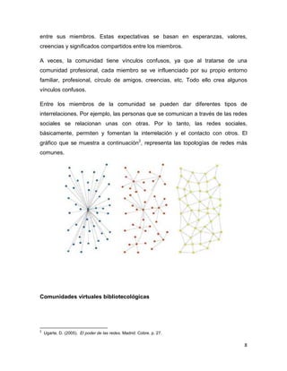 entre sus miembros. Estas expectativas se basan en esperanzas, valores,
creencias y significados compartidos entre los miembros.

A veces, la comunidad tiene vínculos confusos, ya que al tratarse de una
comunidad profesional, cada miembro se ve influenciado por su propio entorno
familiar, profesional, círculo de amigos, creencias, etc. Todo ello crea algunos
vínculos confusos.

Entre los miembros de la comunidad se pueden dar diferentes tipos de
interrelaciones. Por ejemplo, las personas que se comunican a través de las redes
sociales se relacionan unas con otras. Por lo tanto, las redes sociales,
básicamente, permiten y fomentan la interrelación y el contacto con otros. El
gráfico que se muestra a continuación2, representa las topologías de redes más
comunes.




Comunidades virtuales bibliotecológicas




2
    Ugarte, D. (2005). El poder de las redes. Madrid: Cobre. p. 27.

                                                                               8
 