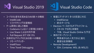 Visual Studio 2019 Visual Studio Code
• コードの生産性を高めるための数々の機能
• IntelliCode
• リファクタリング支援機能
• チーム開発に適した機能
• CodeLens によるソース管理との統合
• Live Share による共同作業
• Pull Request まで IDE から
• 効率的なデバッグのための数々の機能
• リモートデバッガー
• IntelliTrace
• Time Travel Debugging
• 軽量エディタ かつ 多くの言語に対応
• IntelliSense
• 統合ターミナル
• Electron ベースのマルチプラットフォーム
• どの OS でも同じ体験を
• 今後、Visual Studio Online も予定
• 無料でオープンソース
• 開発者からの人気でさらに進化
• 豊富な拡張機能
• Remote Development!!
• SSH, Container, WSL (& WSL2!)
 