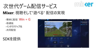 次世代ゲーム配信サービス
Win + G
Mixer: 視聴そして”遊べる” 配信の実現
SDKを提供
 