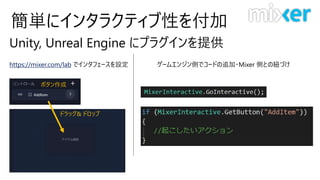 簡単にインタラクティブ性を付加
Unity, Unreal Engine にプラグインを提供
ゲームエンジン側でコードの追加・Mixer 側との紐づけhttps://mixer.com/lab でインタフェースを設定
ドラッグ& ドロップ
ボタン作成
 