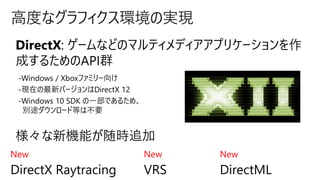 高度なグラフィクス環境の実現
New
DirectML
New
DirectX Raytracing
New
VRS
 