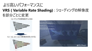 より高いパフォーマンスに
シェーディングの解像度が1x1のみ
1x1, 1x2, 2x1, 2x2 の解像度を使い分ける
※サンプルより
 