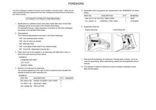 FOREWORD
This Parts Catalogue is related to the parts for the model(s) in the below frame. When you are
ordering replacement parts, please refer to this Parts Catalogue and quote both part numbersand
part names correctly.
DT125(3TT7,3TT8),DT175(3TS9,3TSA)
1. Modifications or additions which have been made after issue of the Parts
Catalogue will be announced in the Yamaha Parts News.
It is advisable that you make necessary corrections to the Parts Catalogue
according to the Yamaha Parts News.
2. Abbreviations
The Following abbreviations are used in this Parts Catalogue.
“UR” Use specified parts number.
“UN” Use as many as needed.
“AP” Alternate Parts
“LM” Local Made (Parts need to be ordered locally)
“F#” Frame No. (Applicable machine No.)
3. Parts, which are to be supplied in an assembly, are listed with a dot(.) in
front of the part name as shown below.
EXAMPLE
CARBURETOR ASSY
.JET, PILOT
.NOZZLE, MAIN
4. Number of component for assembly
The numeral appearing to the right of each component part indicates the
quantity of parts for each assembly unit.
EXAMPLE
PART NO. DESCRIPTION Q’TY REMARKS
2F5−83310−60 FRONT FLASHER LIGHT ASSY 2
115−83311−60 .BULB (6V−18W) 1
1M1−83309−60 .REFLECTOR 1
5. Applicable colors of graphics are represented in the “REMARKS” as shown
below.
PART NO. DESCRIPTION Q’TY REMARKS
2N4−24110−00−X5 FUEL TANK COMP. 1 MXR
3J1−24240−10 .GRAPHIC, FUEL TANK 1 FOR MXR
6. Applicable Serial No.
Engine Serial No. Frame Serial No.
7. Note that the illustrations for reference in finding parts numbers, not to be
used for assembling. When assembling, please use the applicable service
manual.
8. The asterisk (*) before a reference number indicates modification items
after the first edition.
 